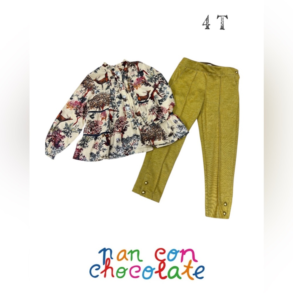 Girls' Cream Floral Top & Mustard Green Pants Matching Set - 4T